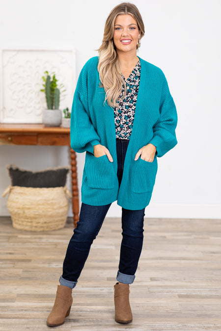 Teal Drop Shoulder Cardigan With Pockets