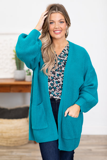 Teal Drop Shoulder Cardigan With Pockets