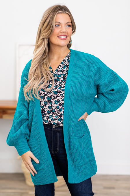 Teal Drop Shoulder Cardigan With Pockets