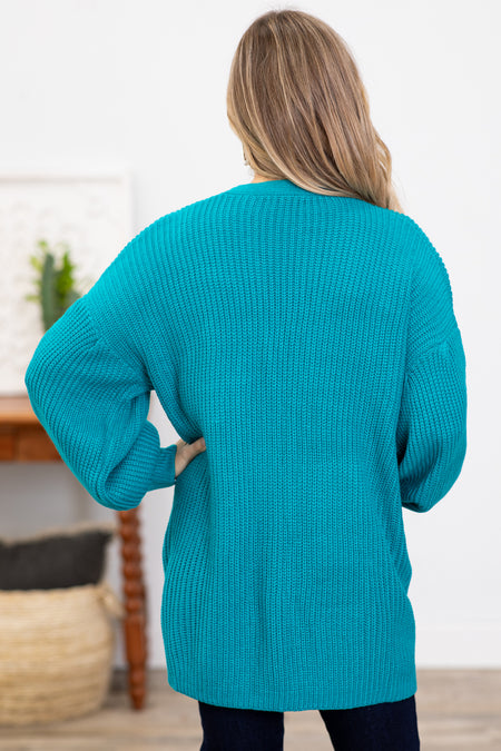 Teal Drop Shoulder Cardigan With Pockets