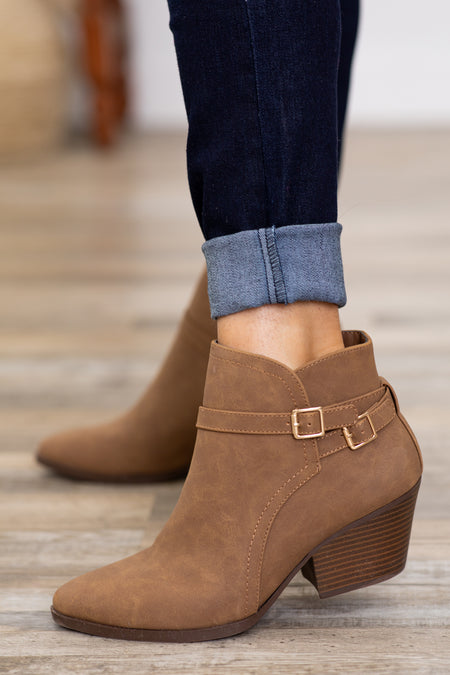 Tan Point Toe Booties With Ankle Detail