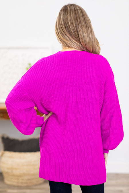 Fuchsia Drop Shoulder Cardigan With Pockets