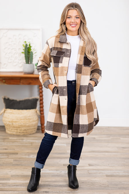 Brown and Tan Plaid Long Shacket