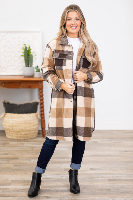 Brown and Tan Plaid Long Shacket