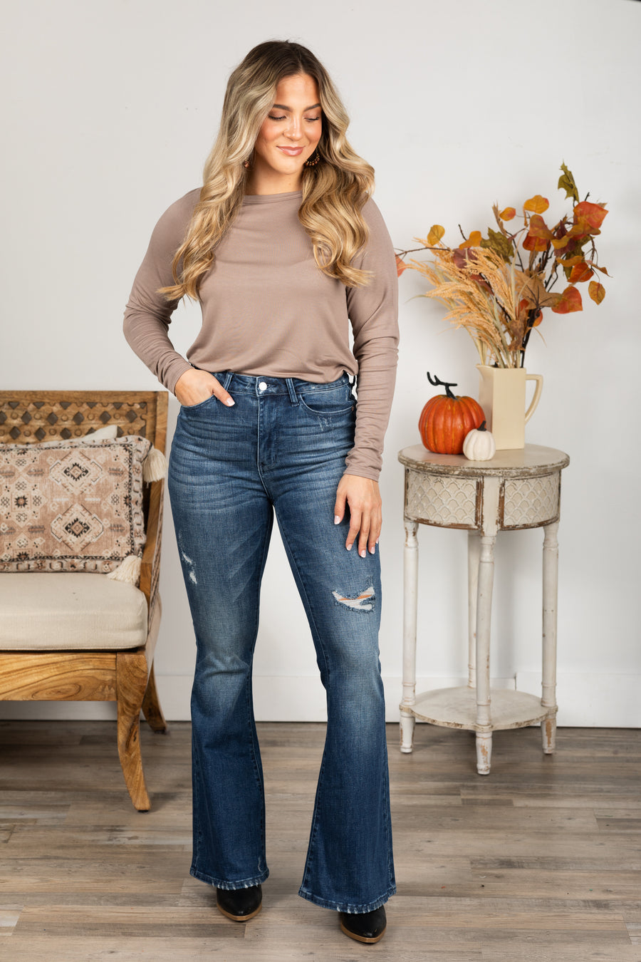 Judy Blue Dark Contrast Distress Flare Jeans