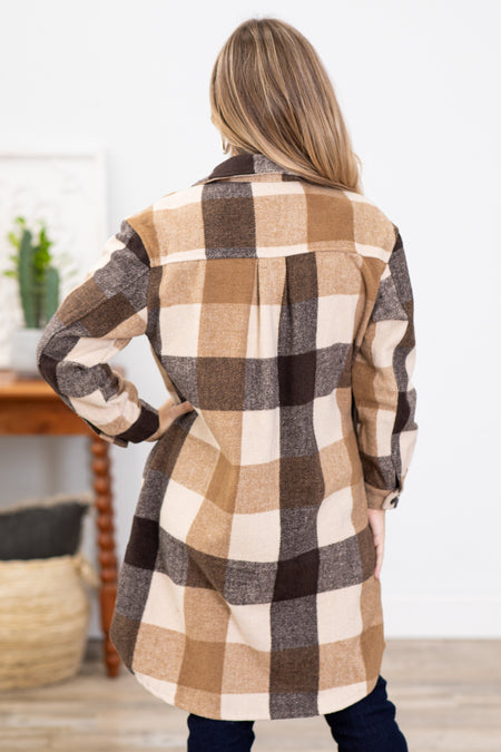 Brown and Tan Plaid Long Shacket