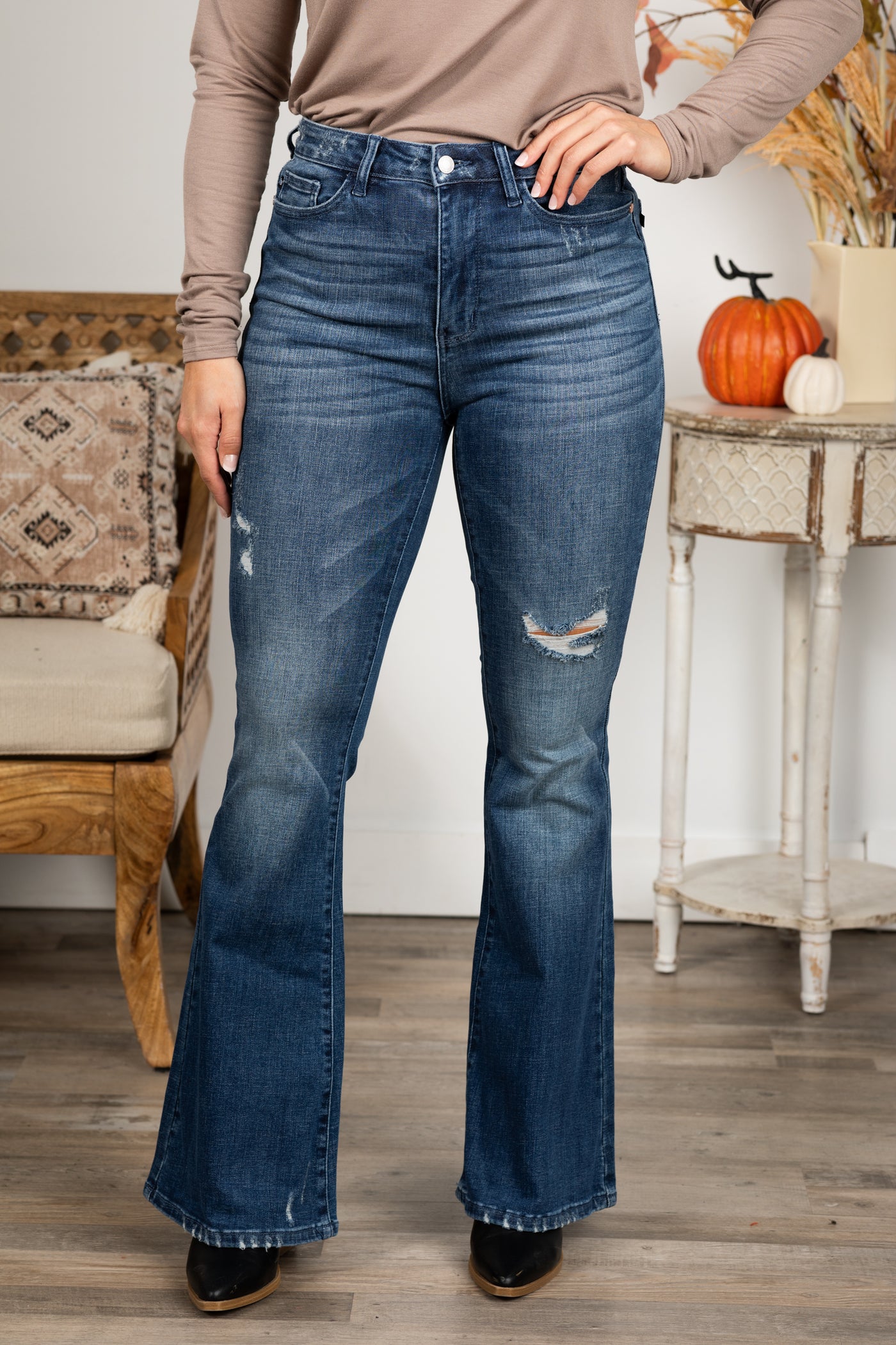 Judy Blue Dark Contrast Distress Flare Jeans