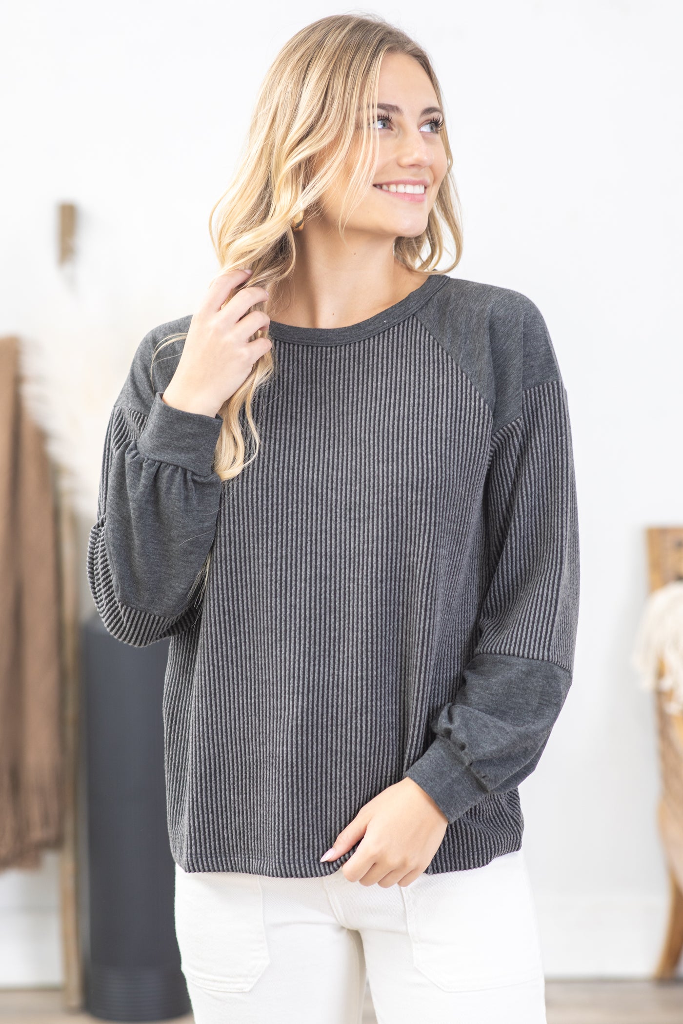 Ribbed Colorblock Knit Long Sleeve Top