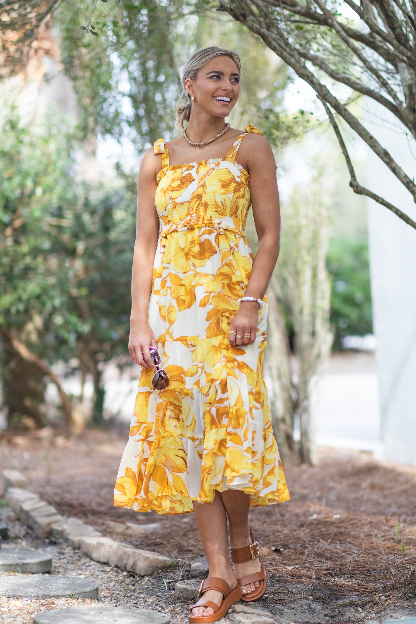 Yellow Floral Midi Dress With Tie Straps