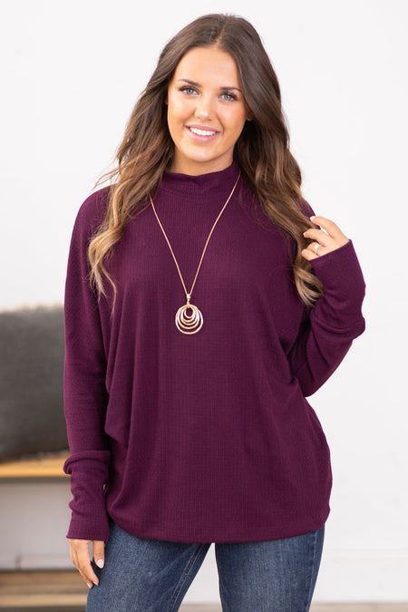 Dark Berry Mock Neck Textured Top - Filly Flair