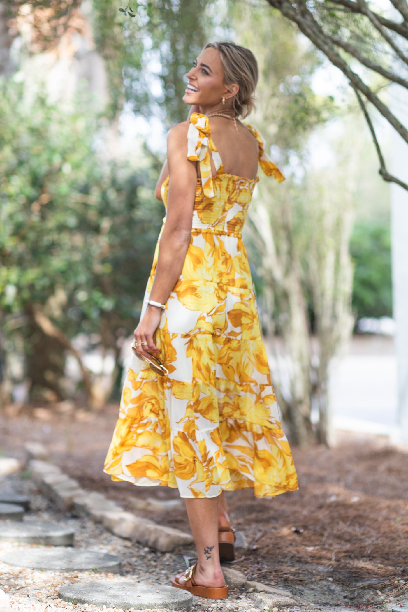 Yellow Floral Midi Dress With Tie Straps