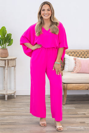 Hot Pink Solid Dolman Sleeve Woven Jumpsuit