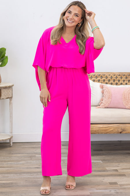 Hot Pink Solid Dolman Sleeve Woven Jumpsuit