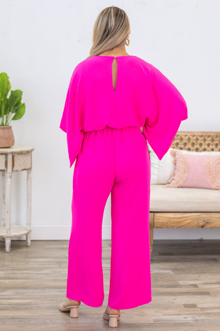 Hot Pink Solid Dolman Sleeve Woven Jumpsuit