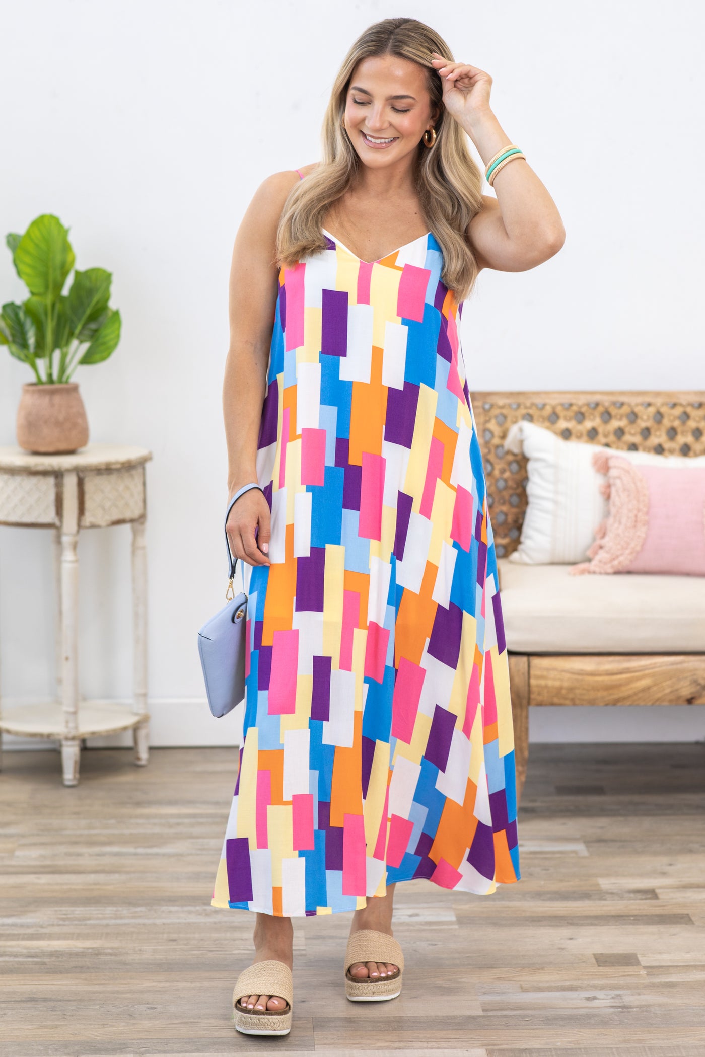 Purple Multicolor Square Print Maxi Dress