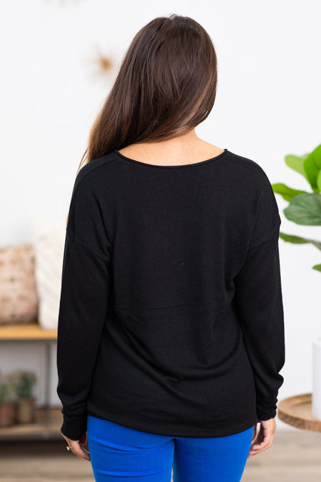 Black V-Neck Raw Edge Sweater - Filly Flair