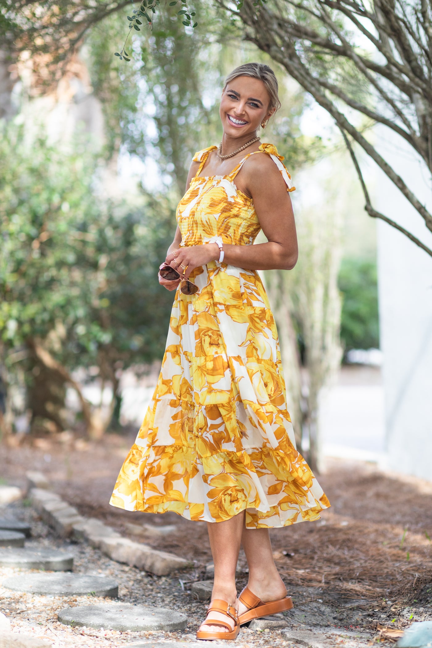 Yellow Floral Midi Dress With Tie Straps