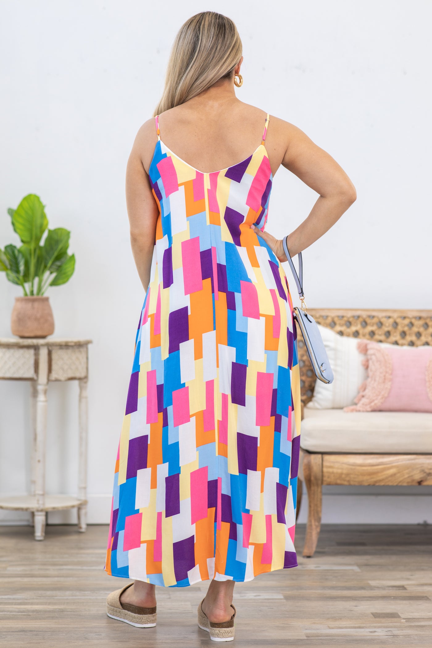 Purple Multicolor Square Print Maxi Dress