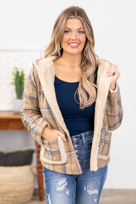 Tan and Steel Plaid Sherpa Lined Jacket