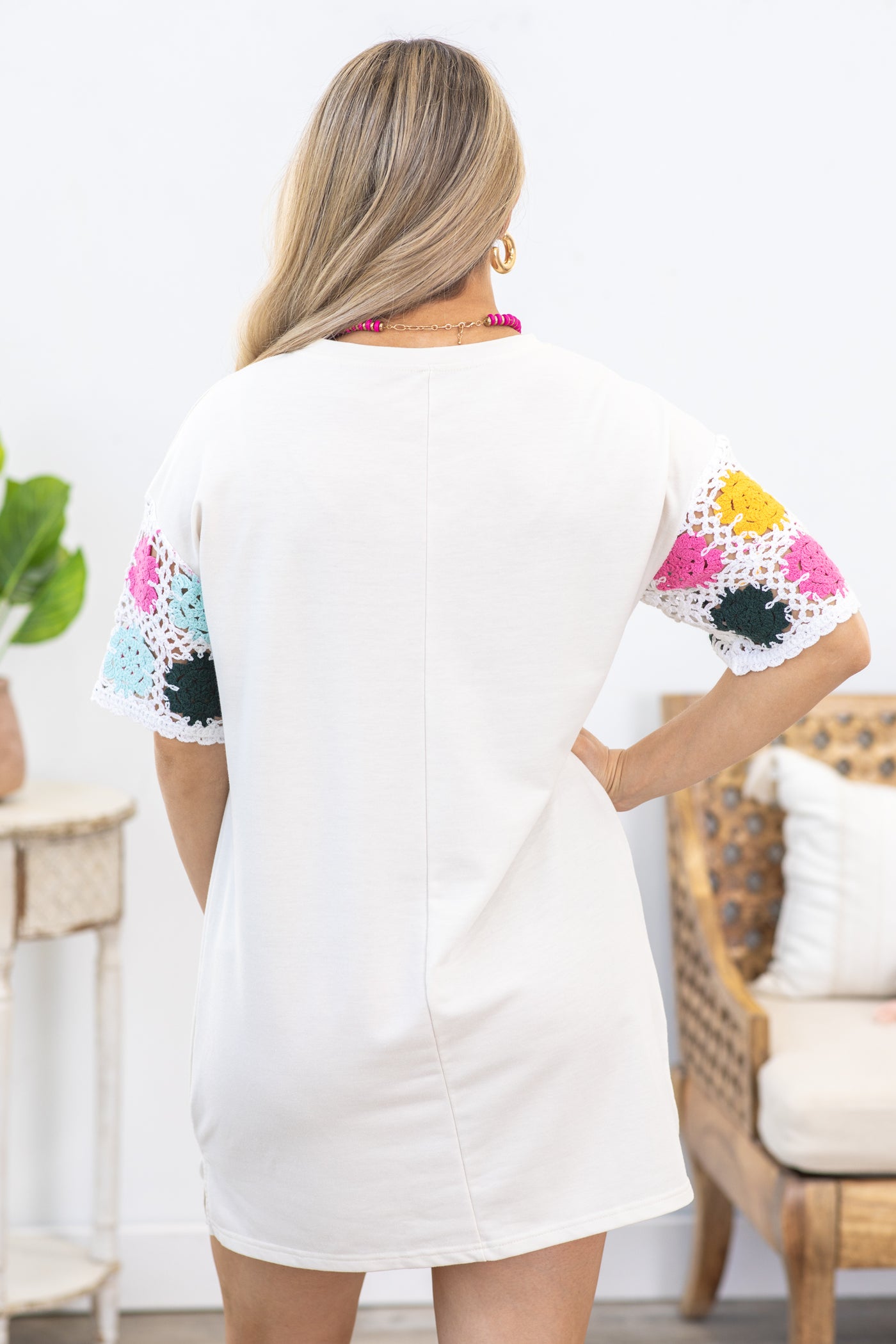 Ivory Floral Crochet Sleeve T-Shirt Dress