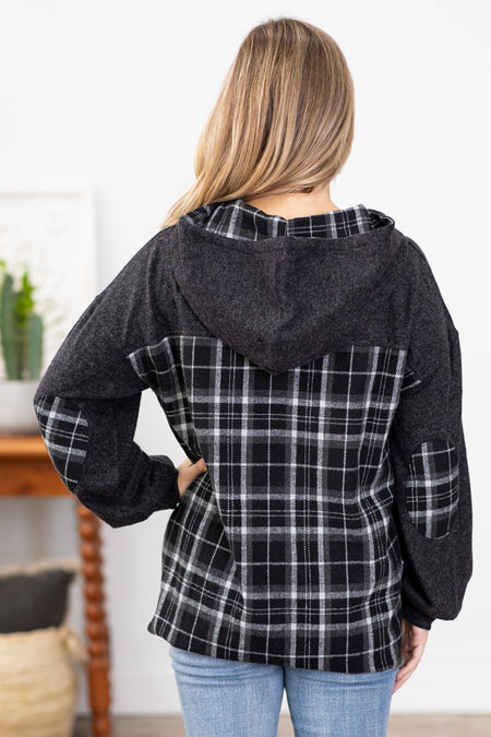 Charcoal Hooded Top With Plaid Back