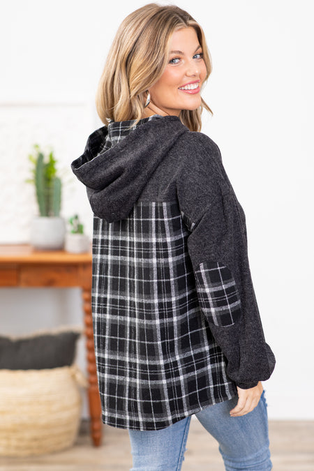 Charcoal Hooded Top With Plaid Back