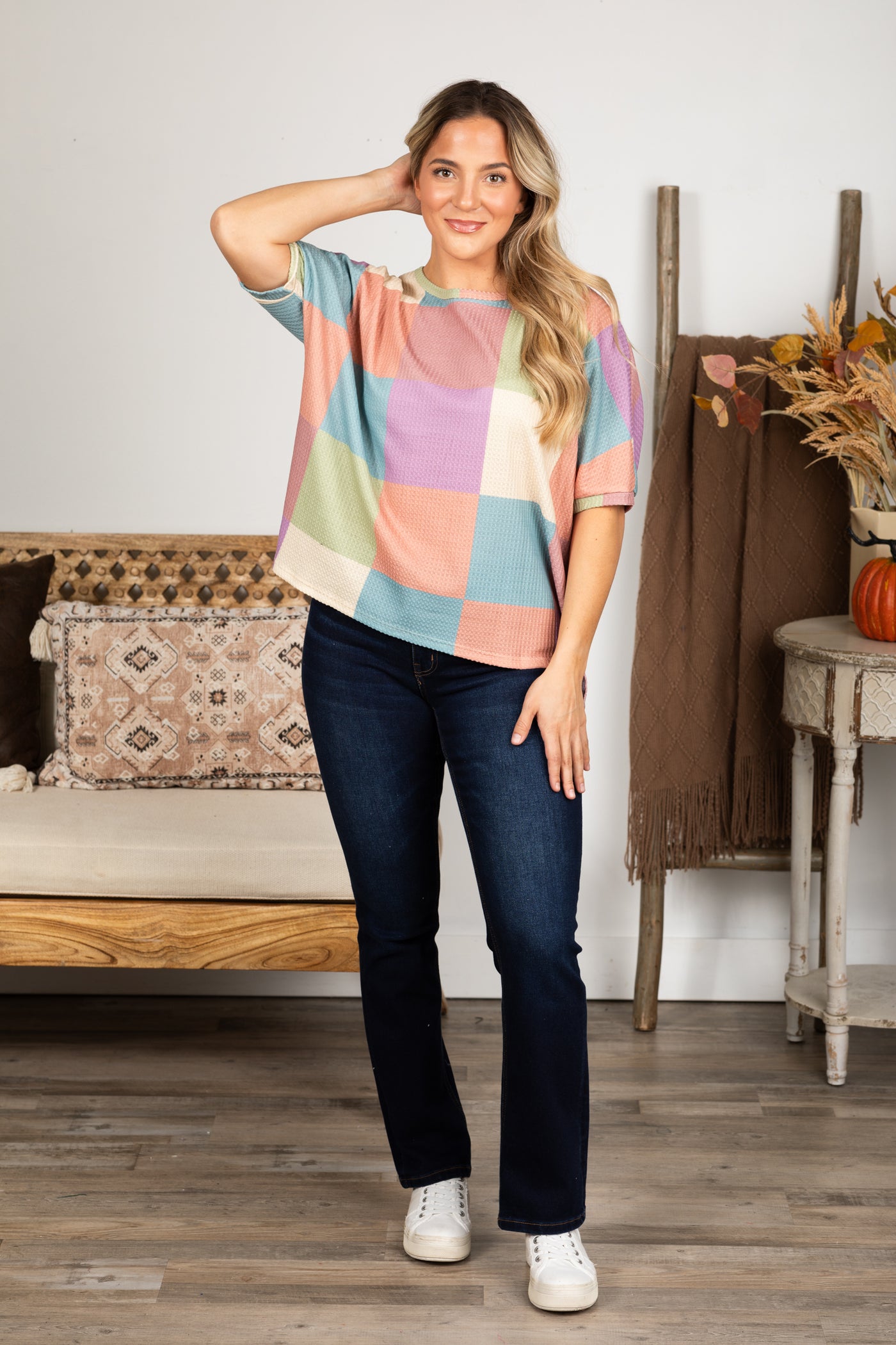 Orchid And Sage Checkered Knit Top