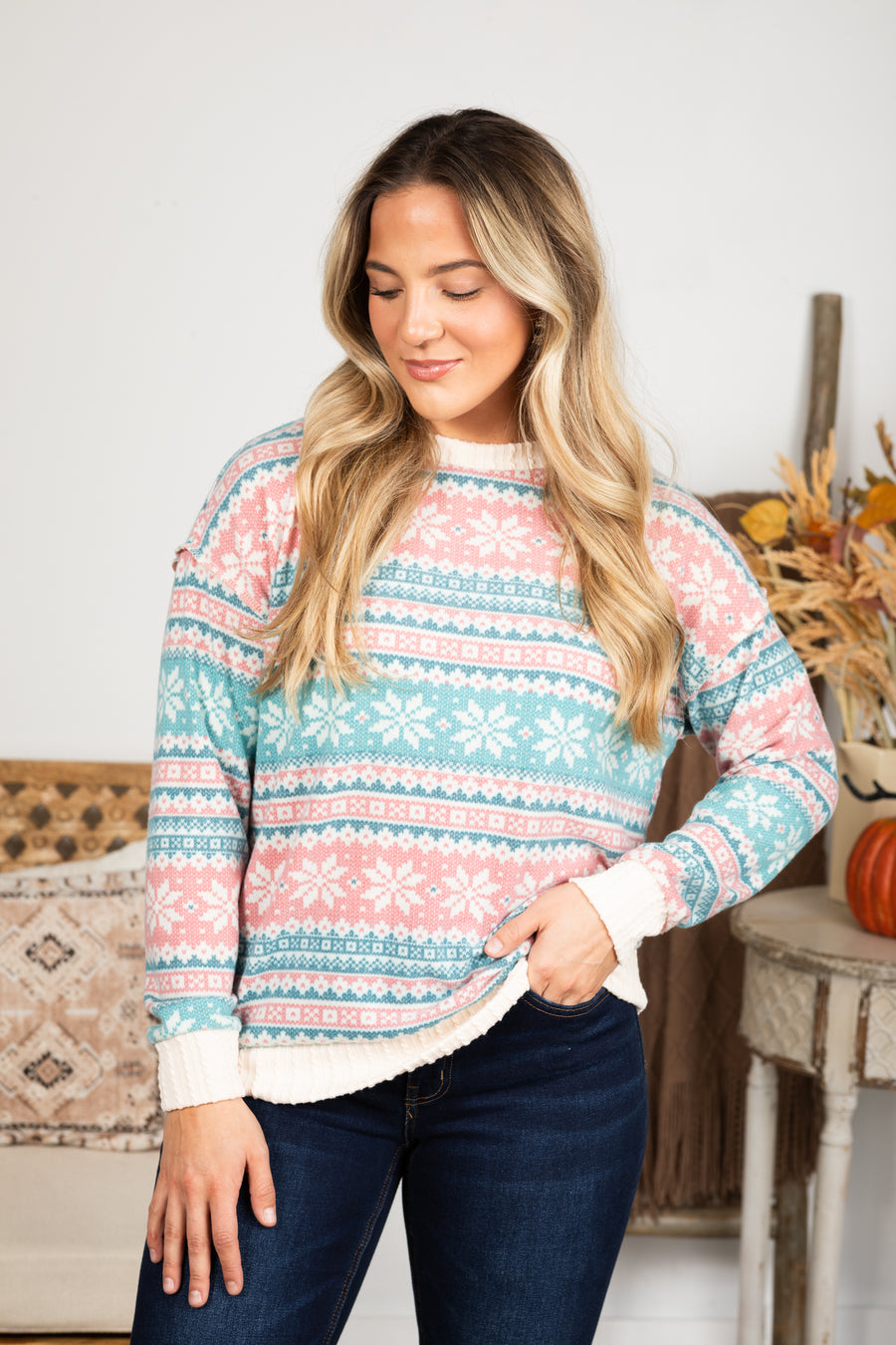 Teal Snowflake Pattern Hacci Knit Top