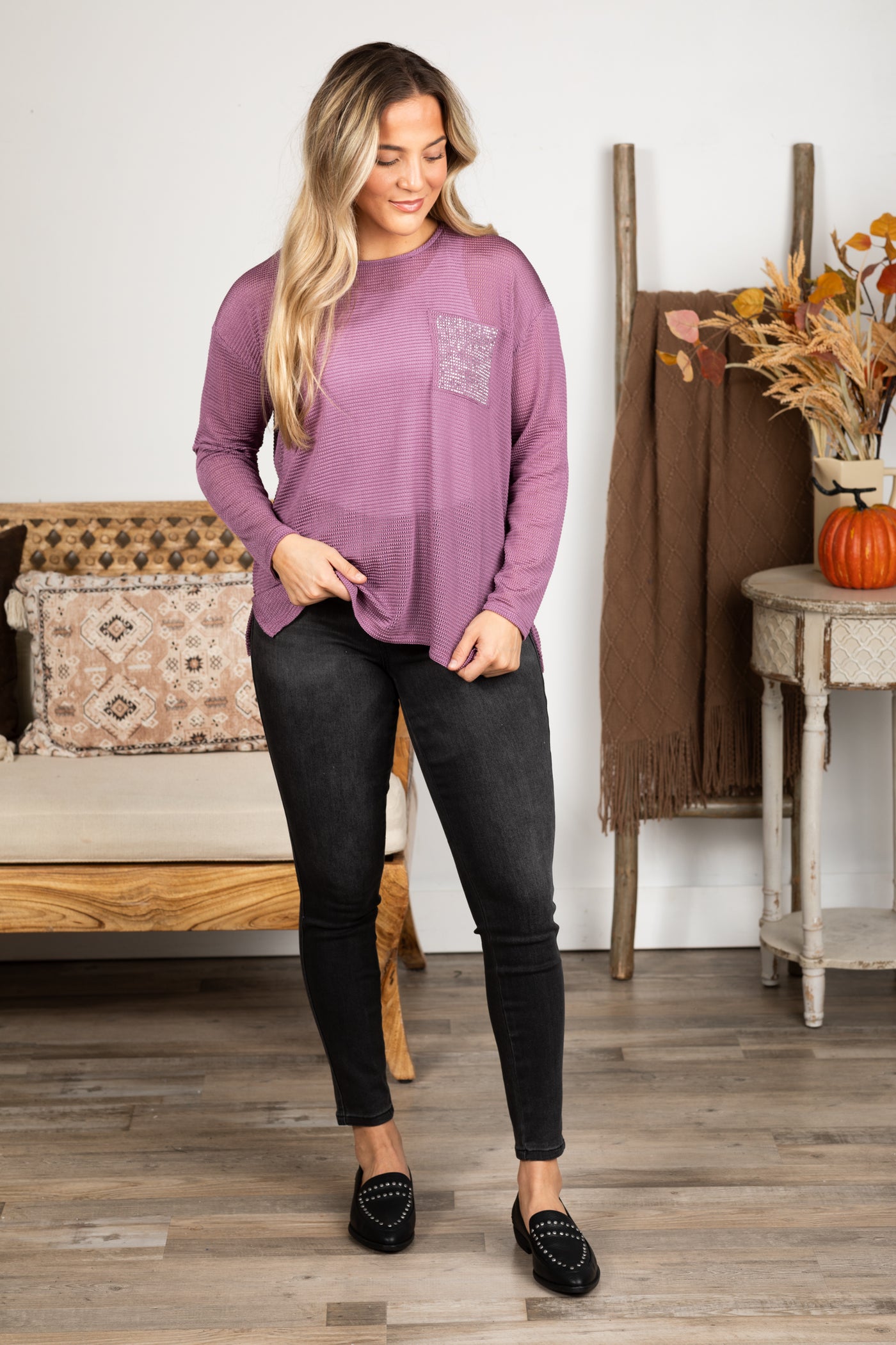 Orchid Stoned Pocket Long Sleeve Knit Top