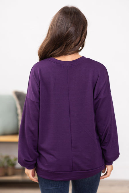 Eggplant Crew Neck Long Sleeve Top - Filly Flair