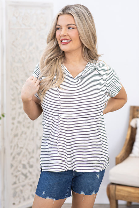 Black Stripe Hooded Short Sleeve Top