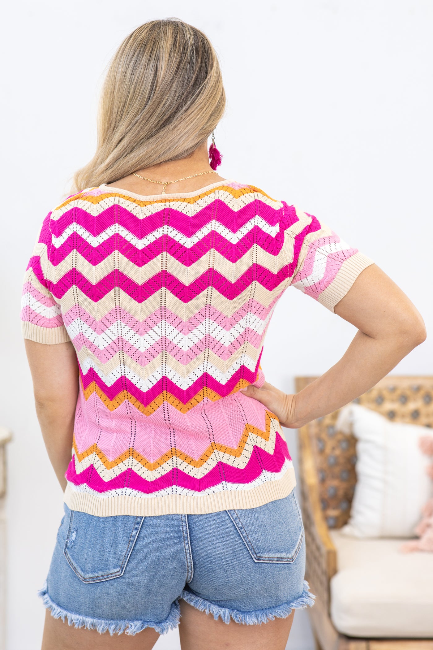 Pink Chevron Pointelle Short Sleeve Top