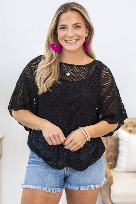 Black Pointelle Scallop Knit Top