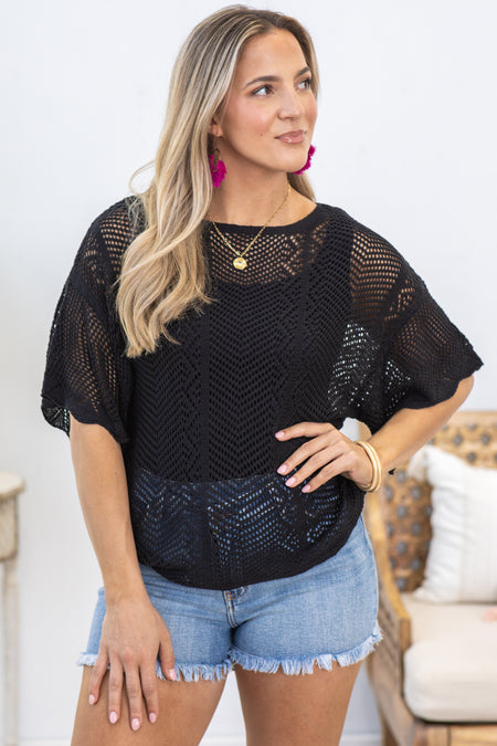 Black Pointelle Scallop Knit Top