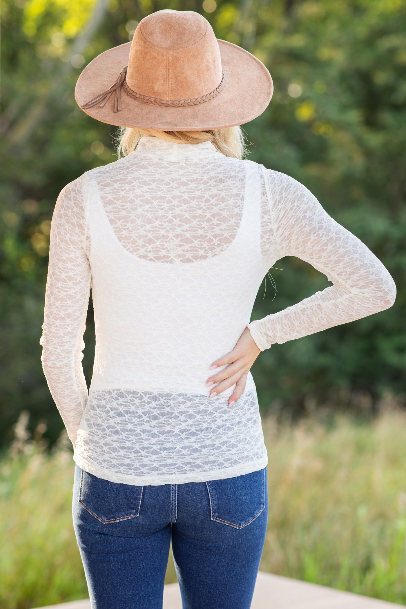 Mock Neck Lace Knit Top