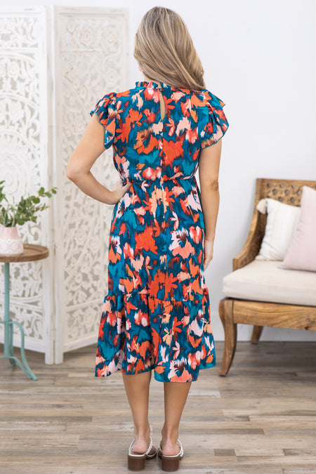 Teal and Coral Floral Mock Neck Midi Dress