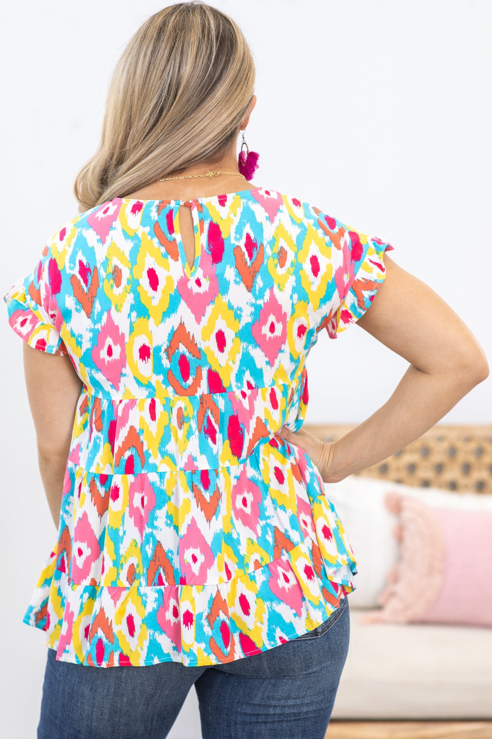 Pink and Sky Blue Abstract Tiered Woven Top