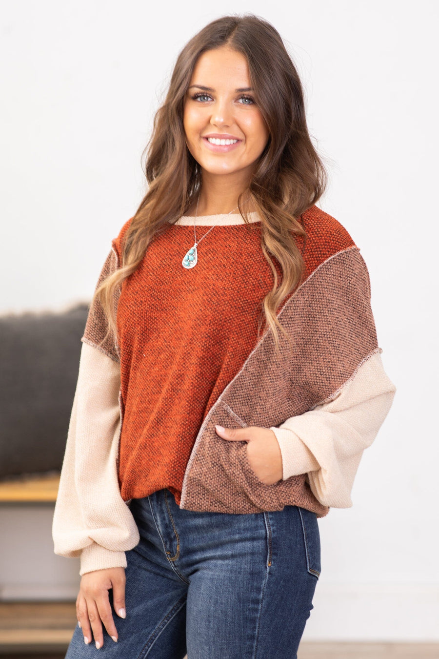 Rust and Mocha Colorblock Textured Top - Filly Flair