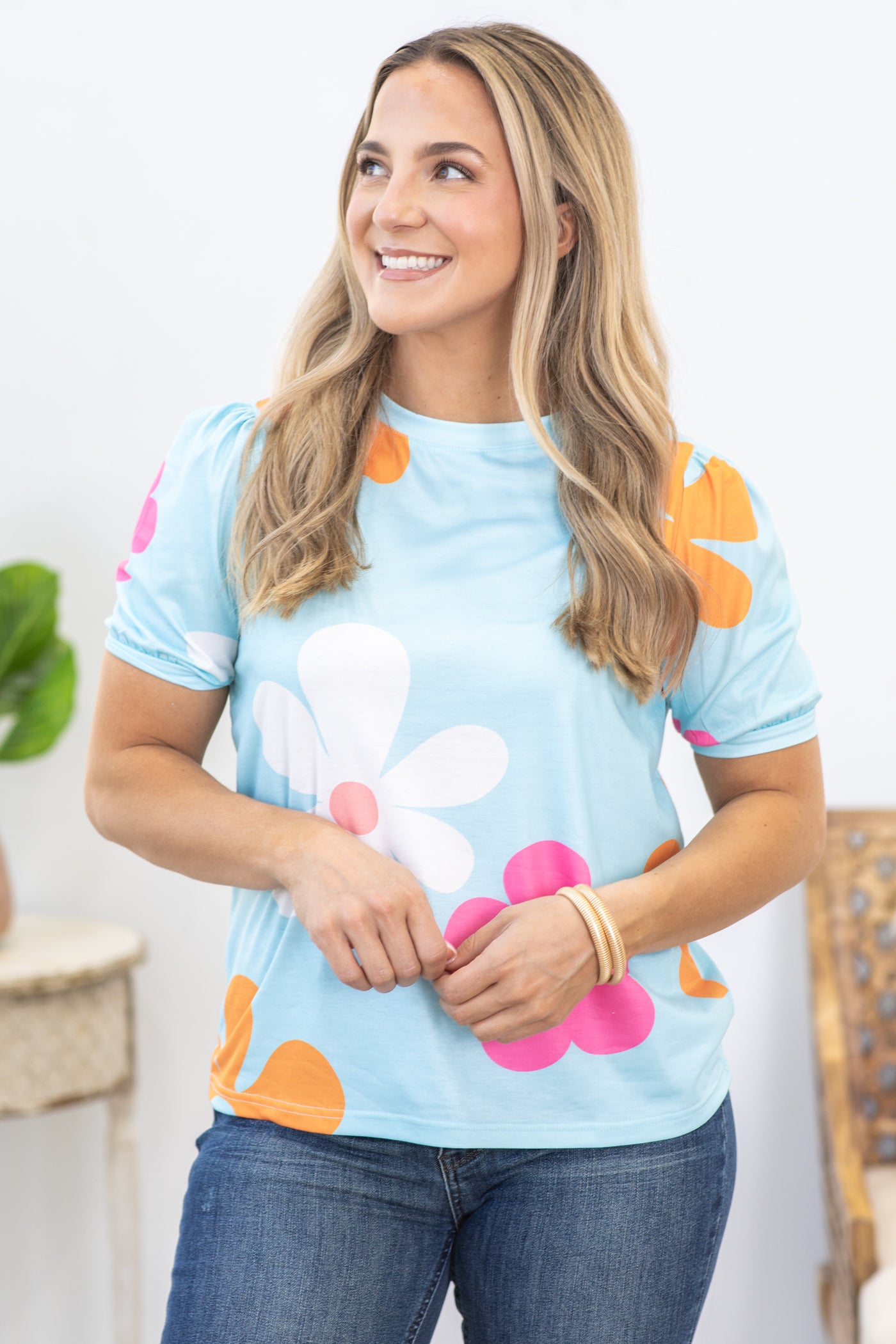 Sky Blue Floral Bubble Short Sleeve Knit Top