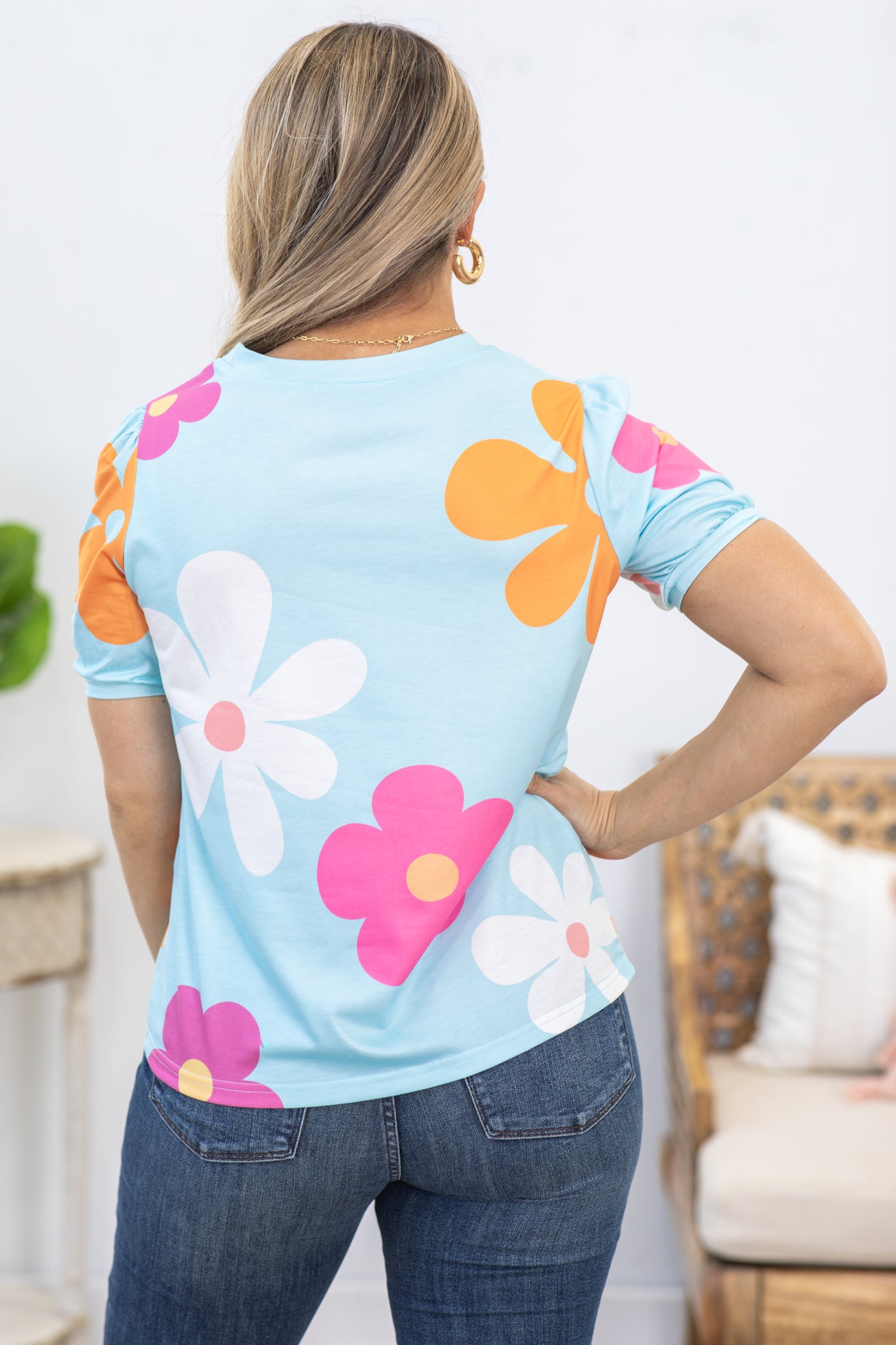 Sky Blue Floral Bubble Short Sleeve Knit Top