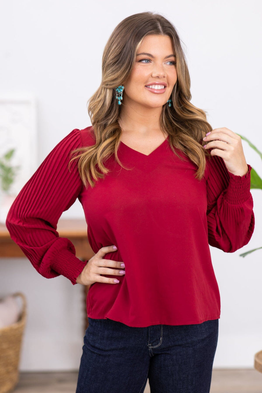 Wine V-Neck Top With Pleated Sleeves - Filly Flair