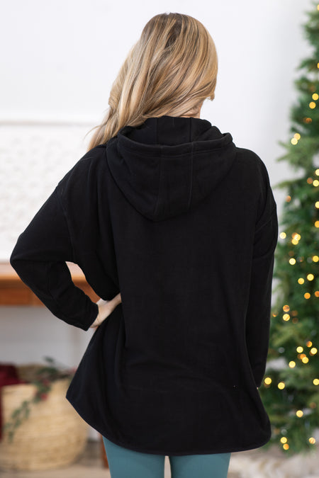 Black Longline Brushed Pullover Hoodie