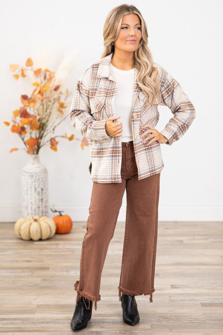 Tan and Cognac Multicolor Plaid Shacket