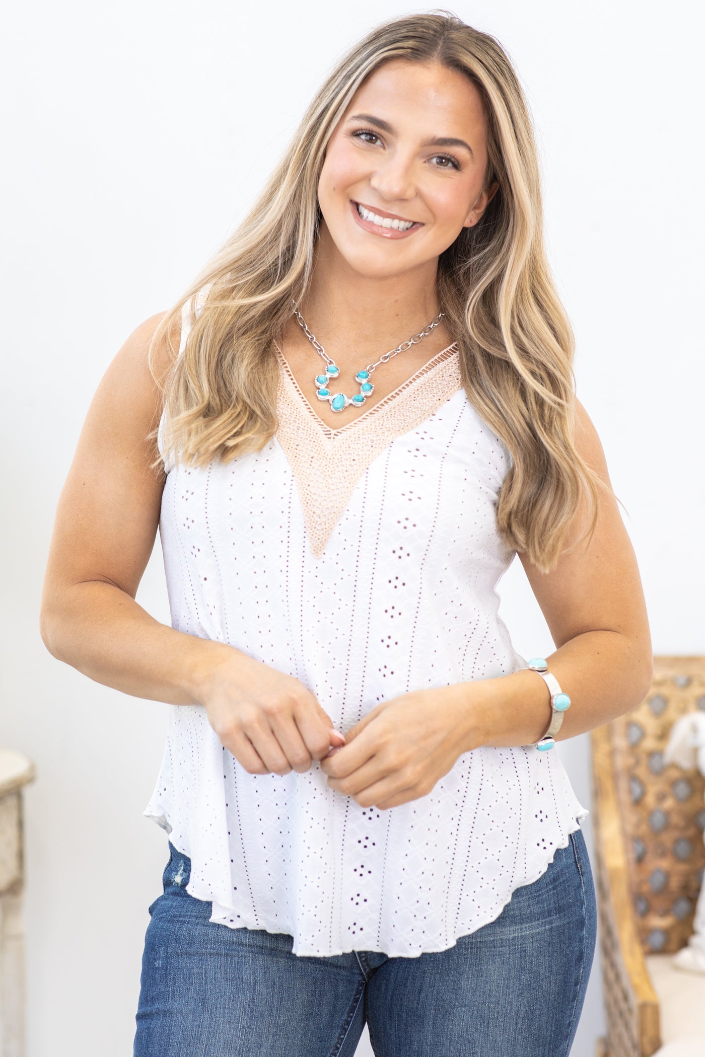 White Crochet Trim Stretch Eyelet Tank