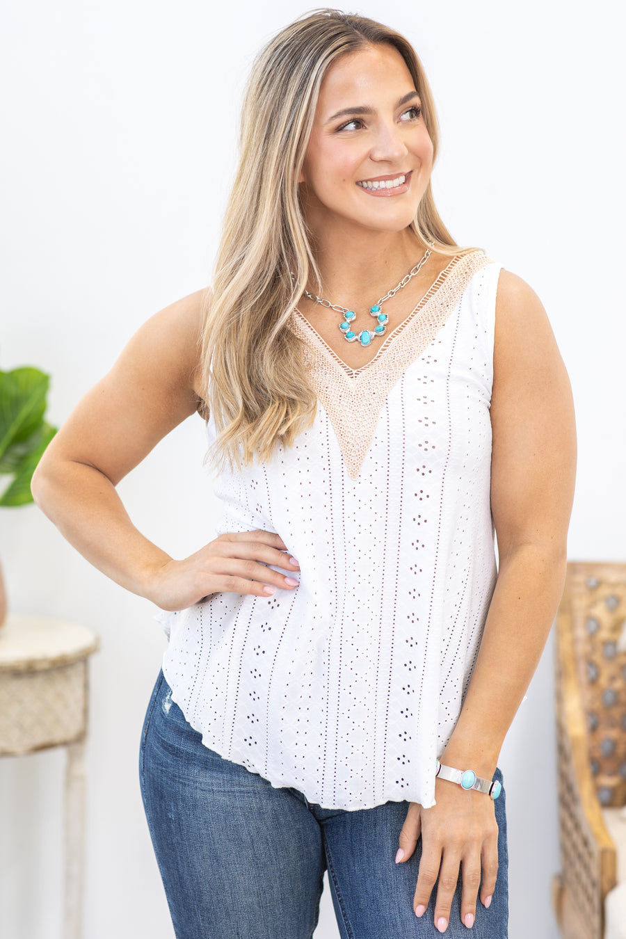 White Crochet Trim Stretch Eyelet Tank