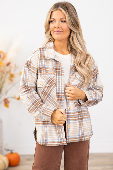 Tan and Cognac Multicolor Plaid Shacket