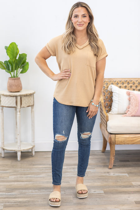 Tan Textured Knit Top With Pocket