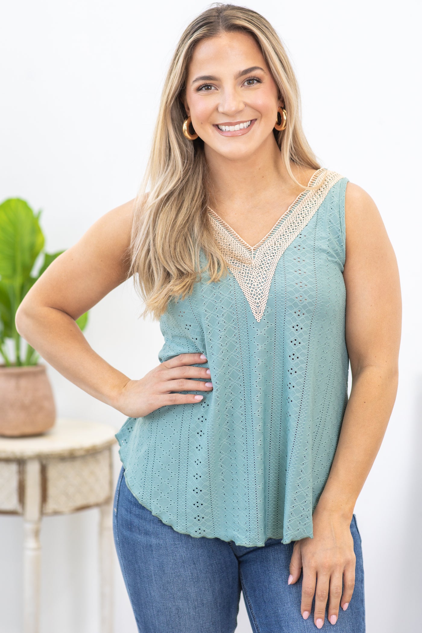 Sage Crochet Trim Stretch Eyelet Tank