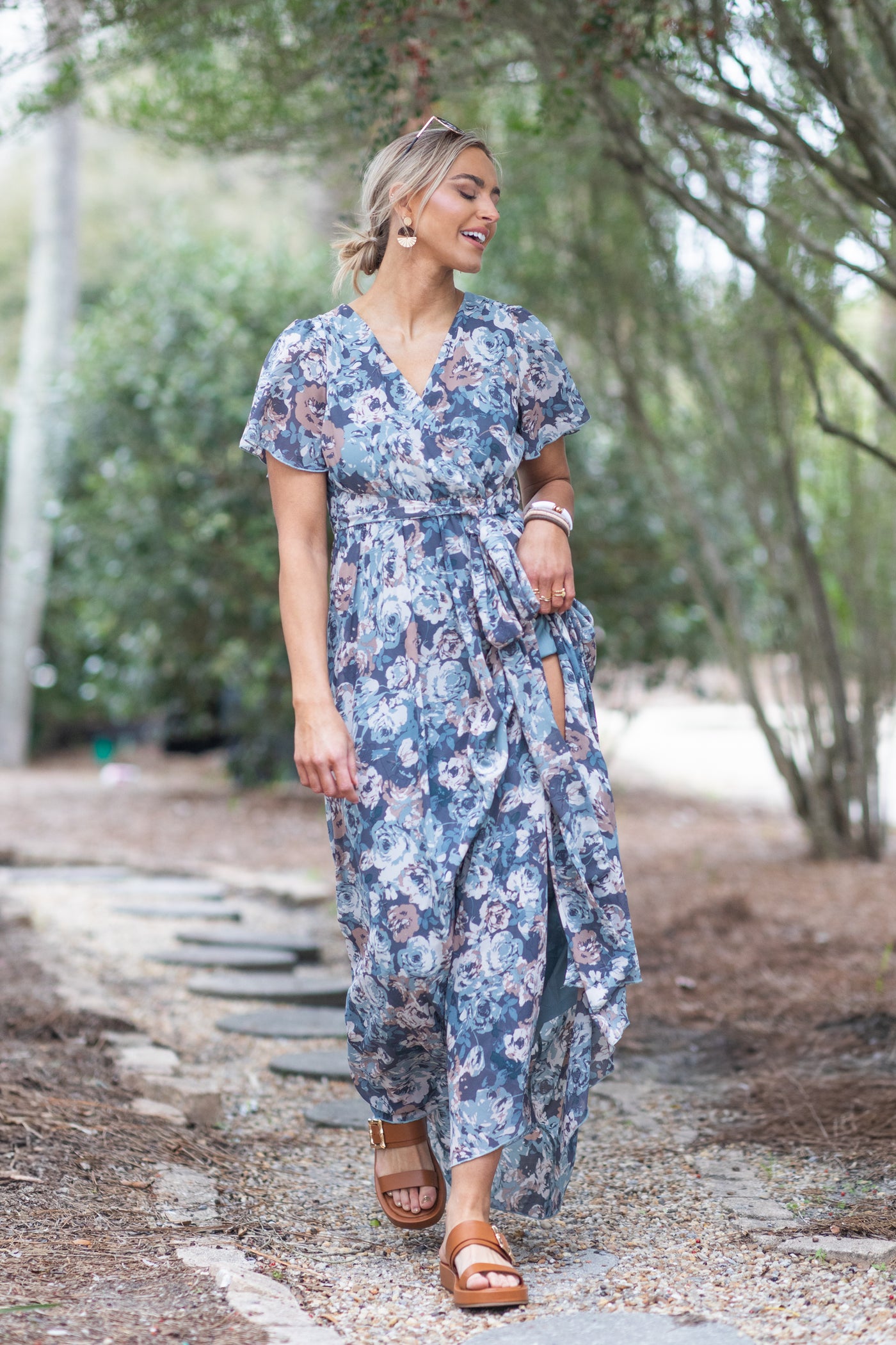 Slate Blue Blouse Floral Waist Band Maxi Dress