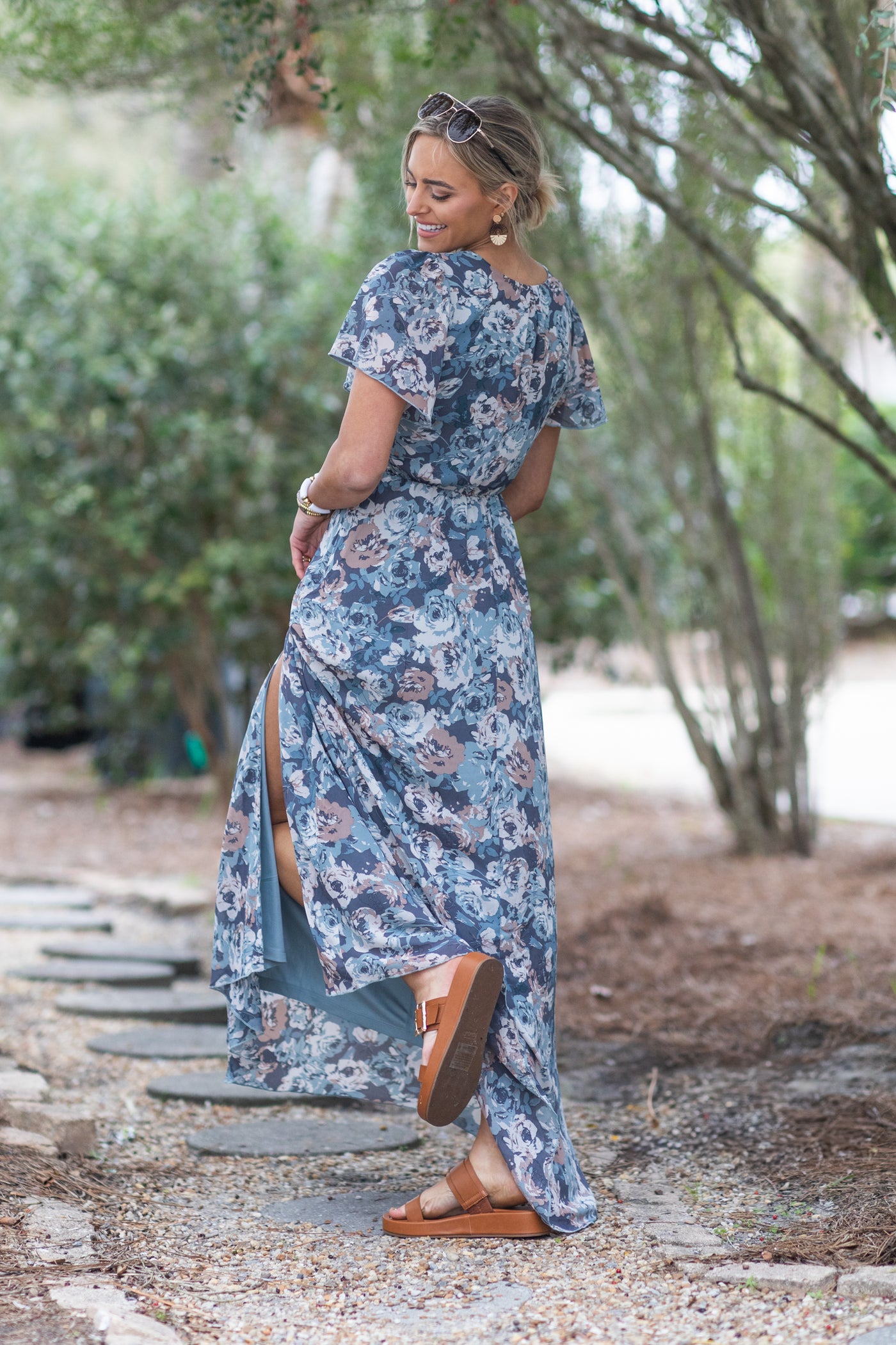 Slate Blue Blouse Floral Waist Band Maxi Dress